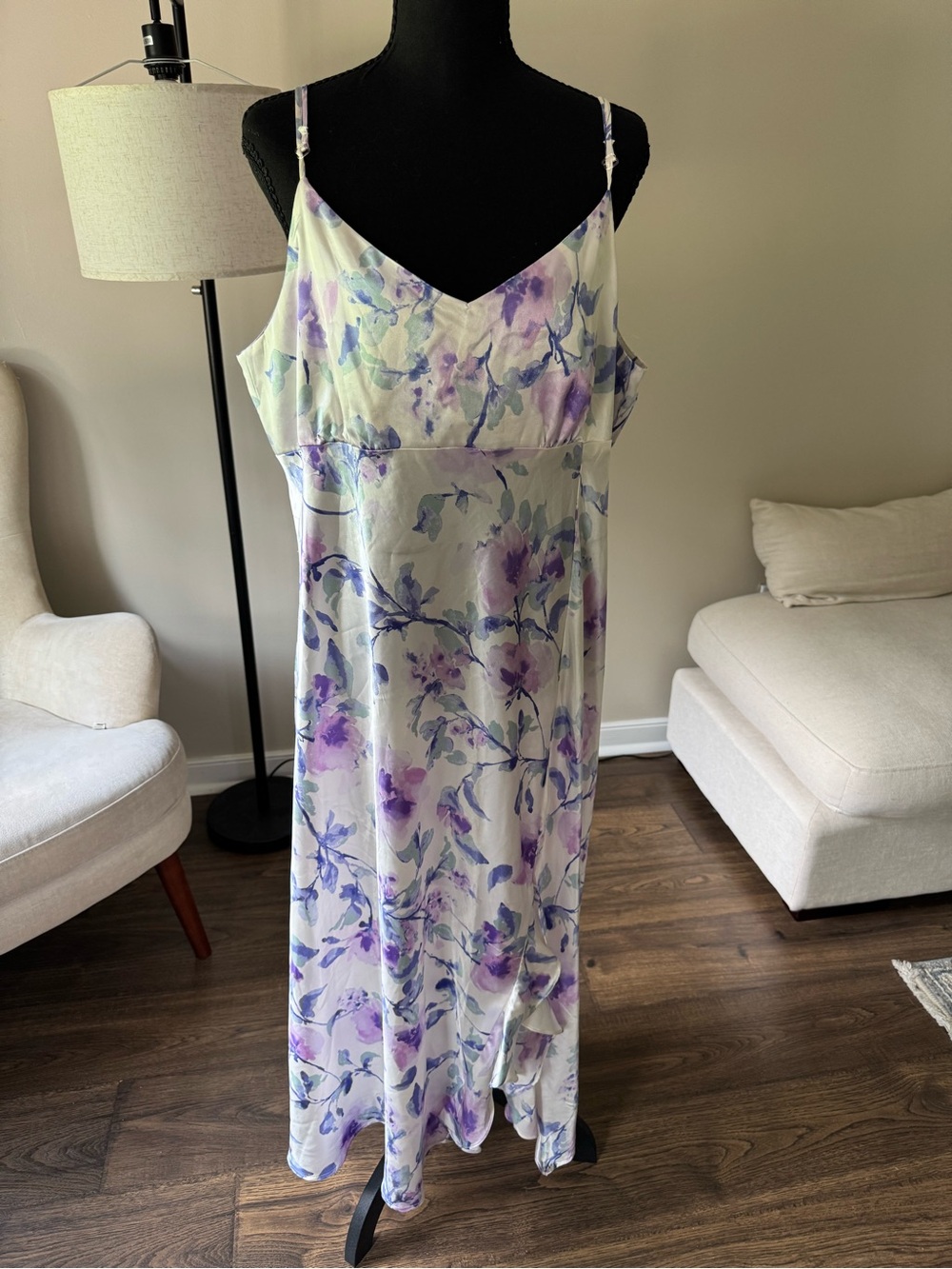 Emma & Michele Lavender and‎ White Floral Satin Maxi Slip Dress